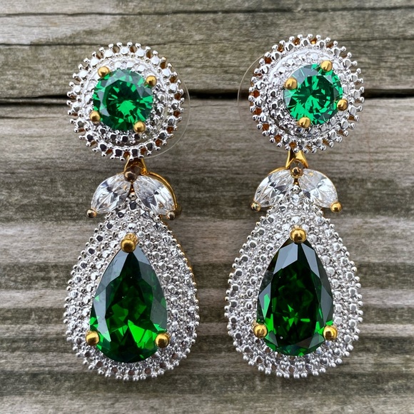 Emerald CZ drop earrings converts to studs or dangle halo gold tone - Picture 13 of 14